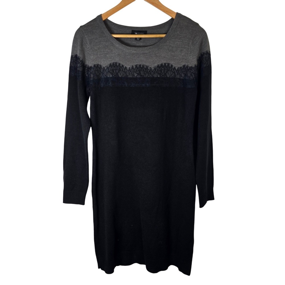 AB Studio Womens Sweater Dress Medium Black‎ Gray Lace Detail Long Sleeve